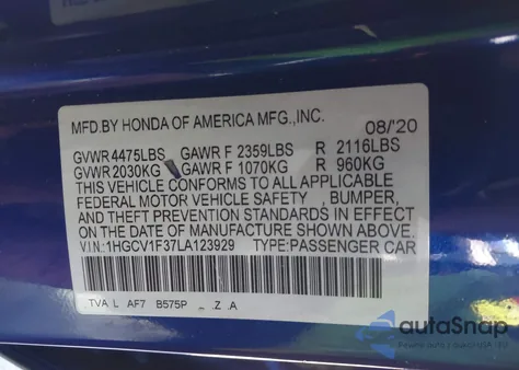 2020 Honda Accord Sport from USA, damaged, VIN 1HGCV1F37LA123929